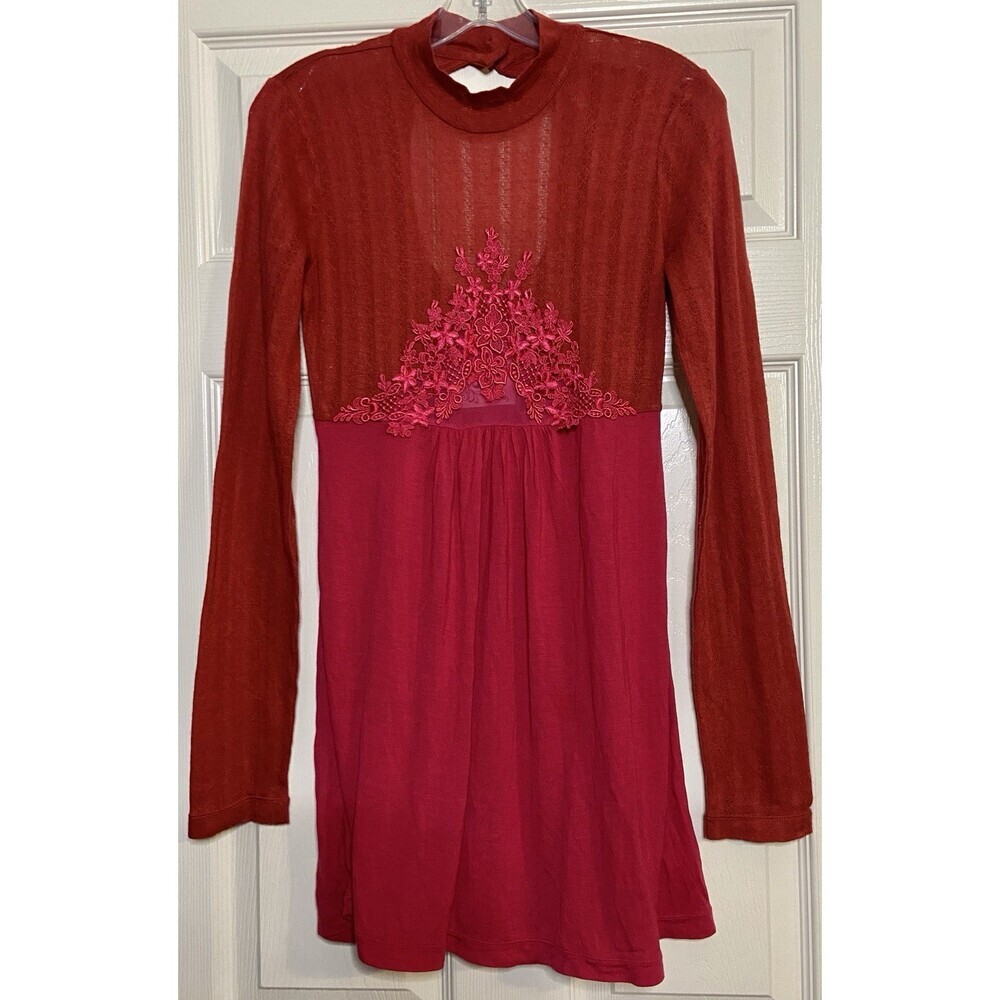 Free People Mini Sweater Dress Womens Sz M Red Small World Cable Knit Romantic